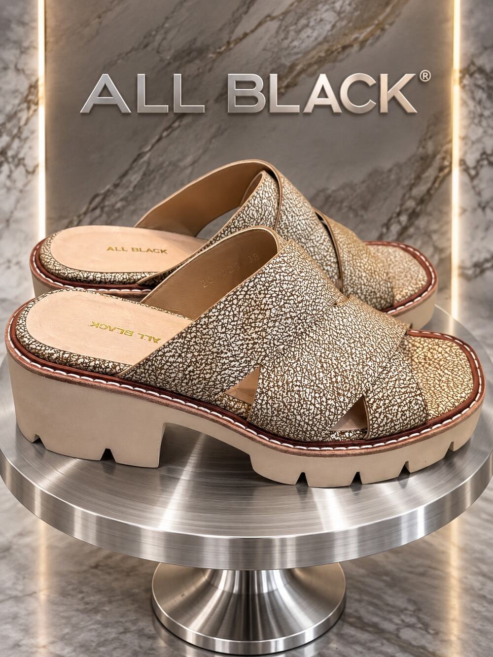ALL BLACK Metallic Leather Platform Slide Sandals EU 38 US 7.5